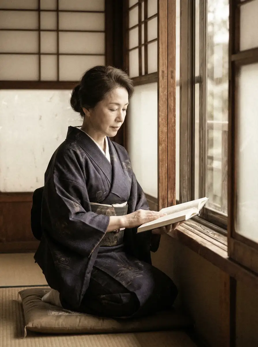 一位优雅的五十岁 女神视频-女神专属美颜视频|实时更新免费下载 身穿深蓝色和服，在窗边静读